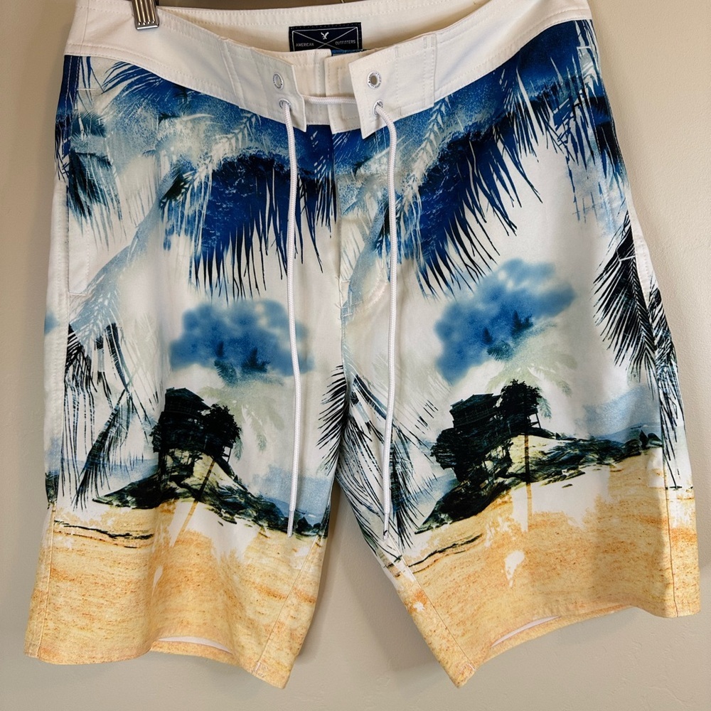 American Eagle Men’s Small Swim Blue White Palm-Print Board Shorts -  10”